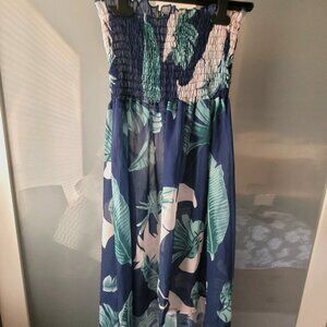 Chiffon High - Low Strapless Maxi Dress Swimwear (Medium, Green Leaf Print) New!